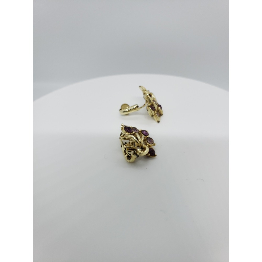 Vintage Caro Signed Floral Gold Tone Rhinestones Clip On Metal Earrings Jewelry - Picture 5 of 10